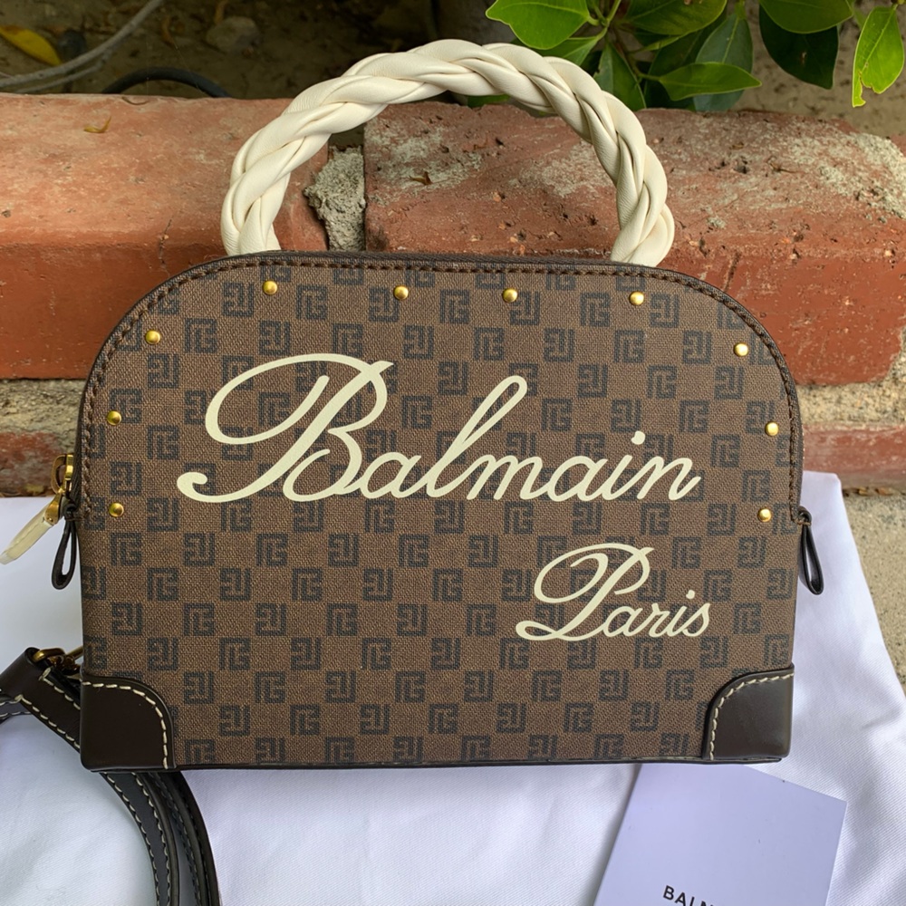 Rare Balmain Mini Makeup Crossbody Purse in Monogram Brown